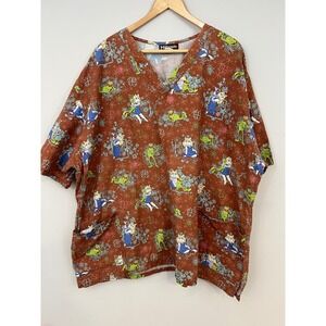 The Muppets Scrub Top Brown Kermit‎ Miss Piggy Print V-Neck Cartoon Retro 3XL